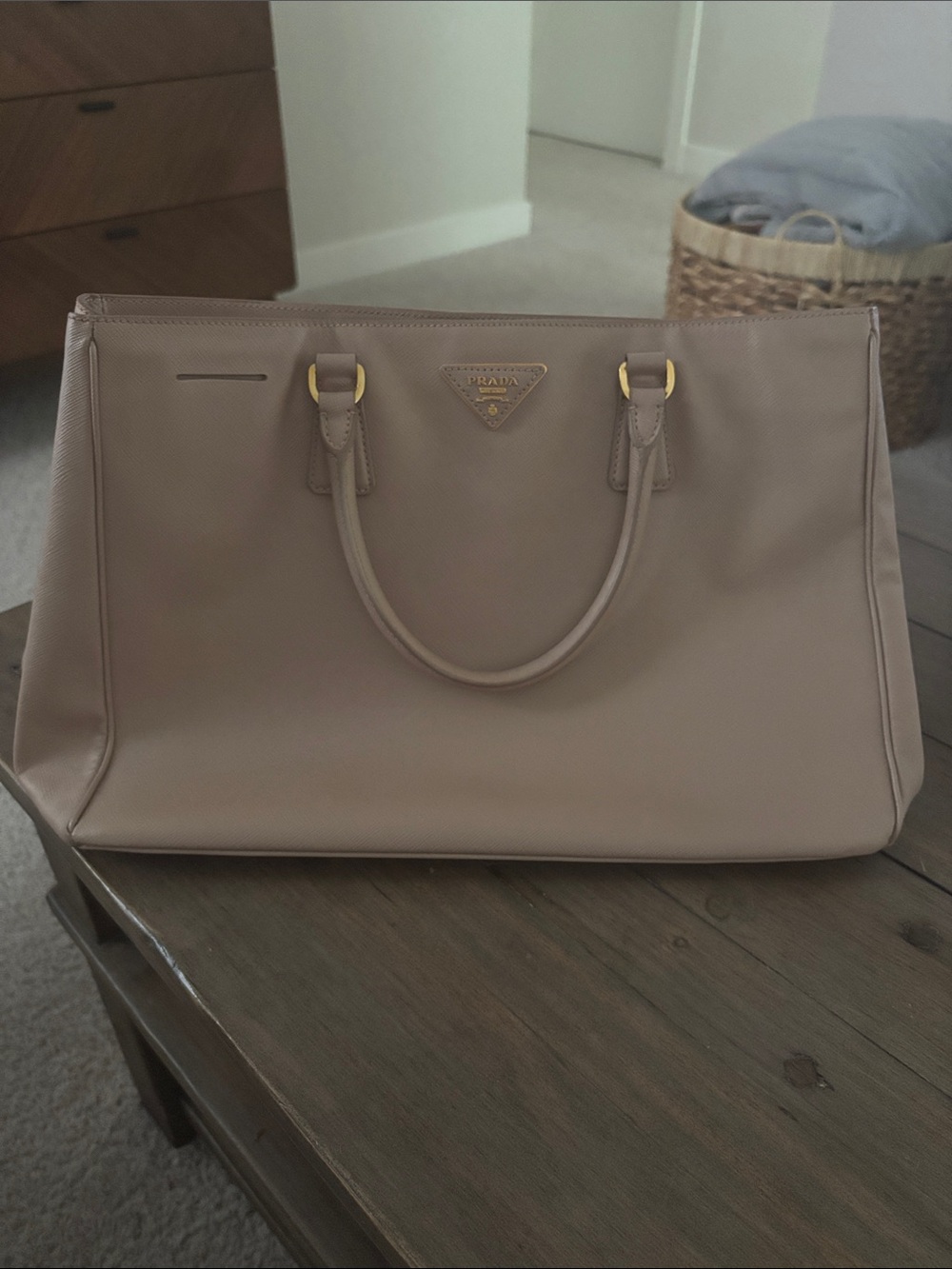 Prada Neutral Taupe Saffiano Top-Handle Tote